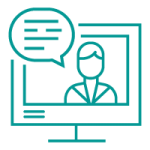 Dragos Webinar: a teal icon of the outline of a person inside of a computer scree with a speech bubble