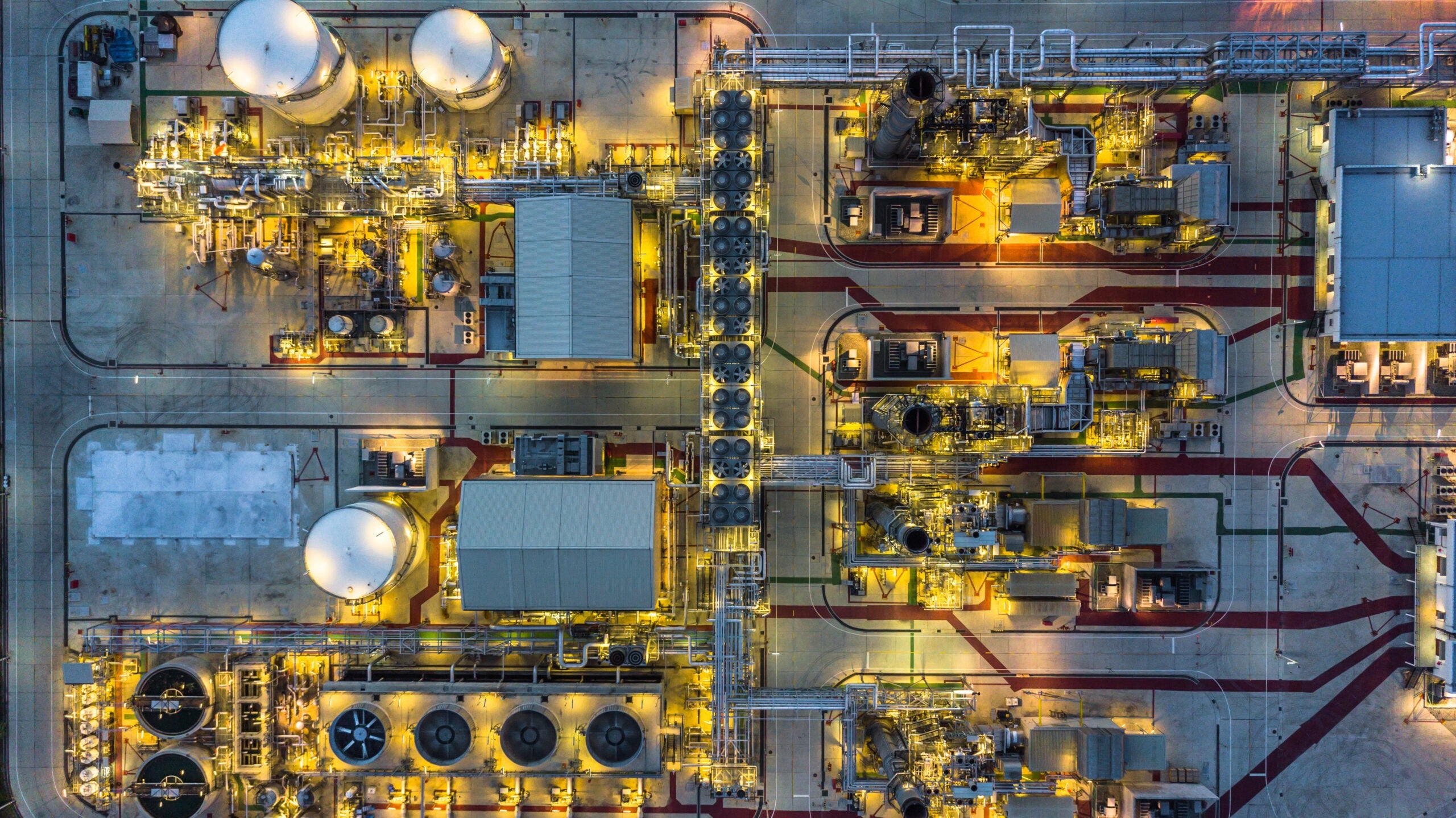 Aerial view Petrochemical plant at night, Oil refinery plant at night.