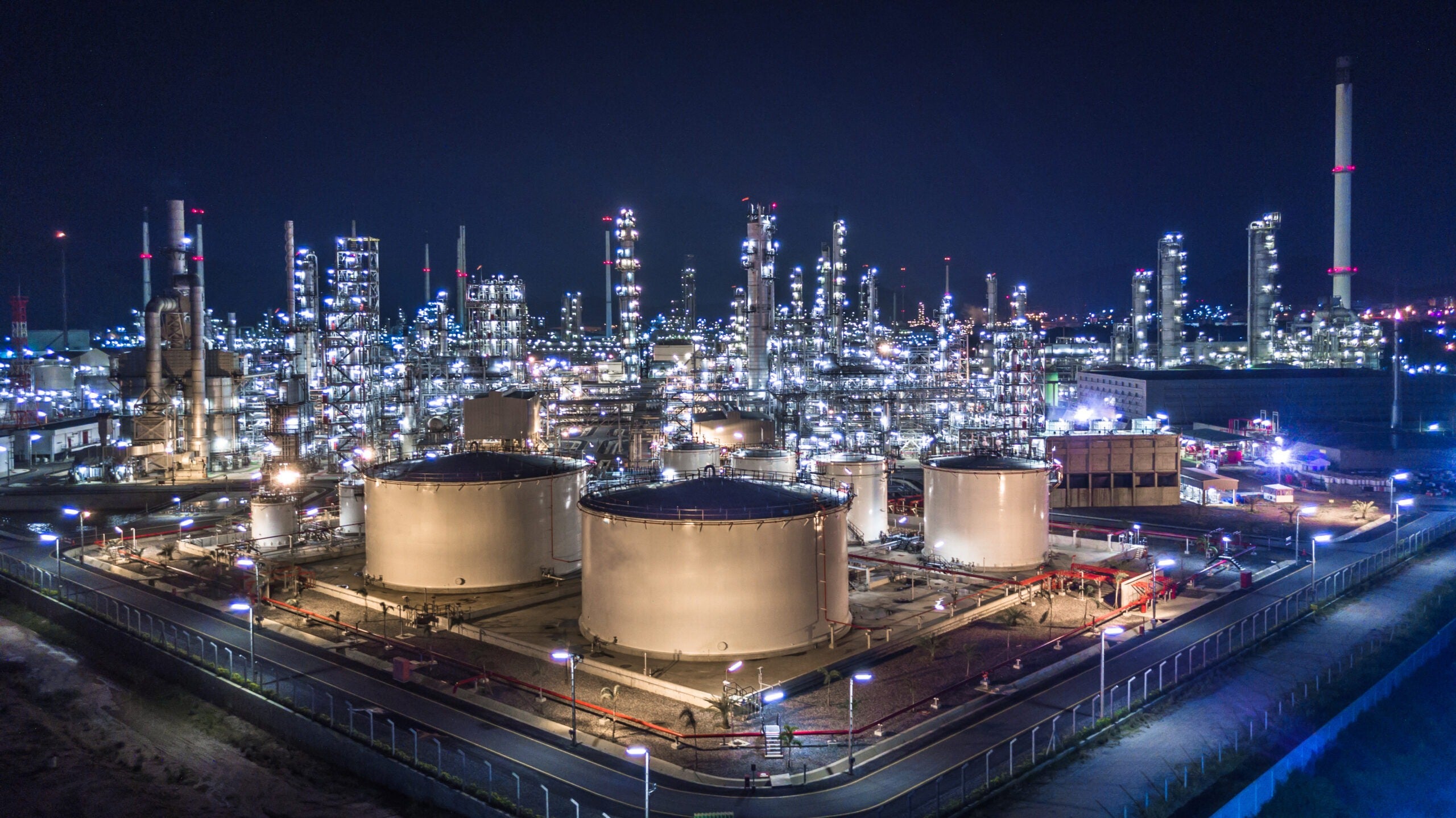 Aerial view of large oil refinery, refinery plant, refinery factory.