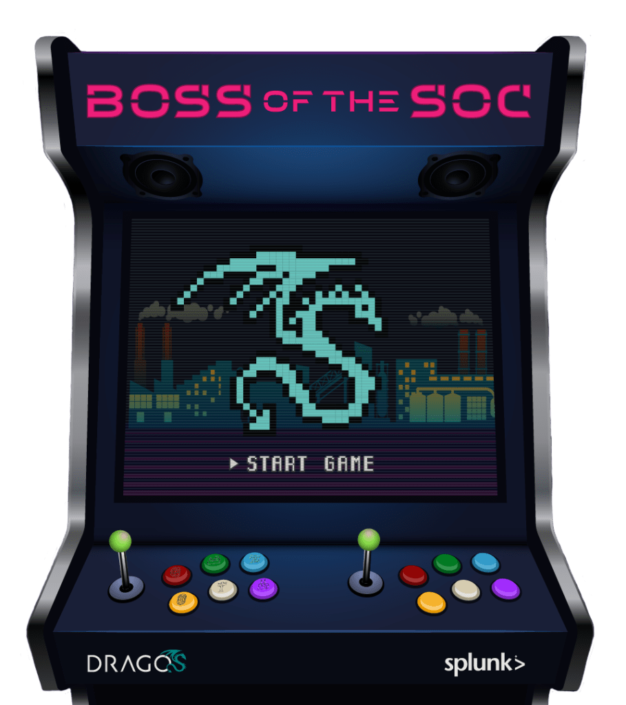 a graphic depicting Boss of SOCS game, a collaboration between SPLUNK and Dragos