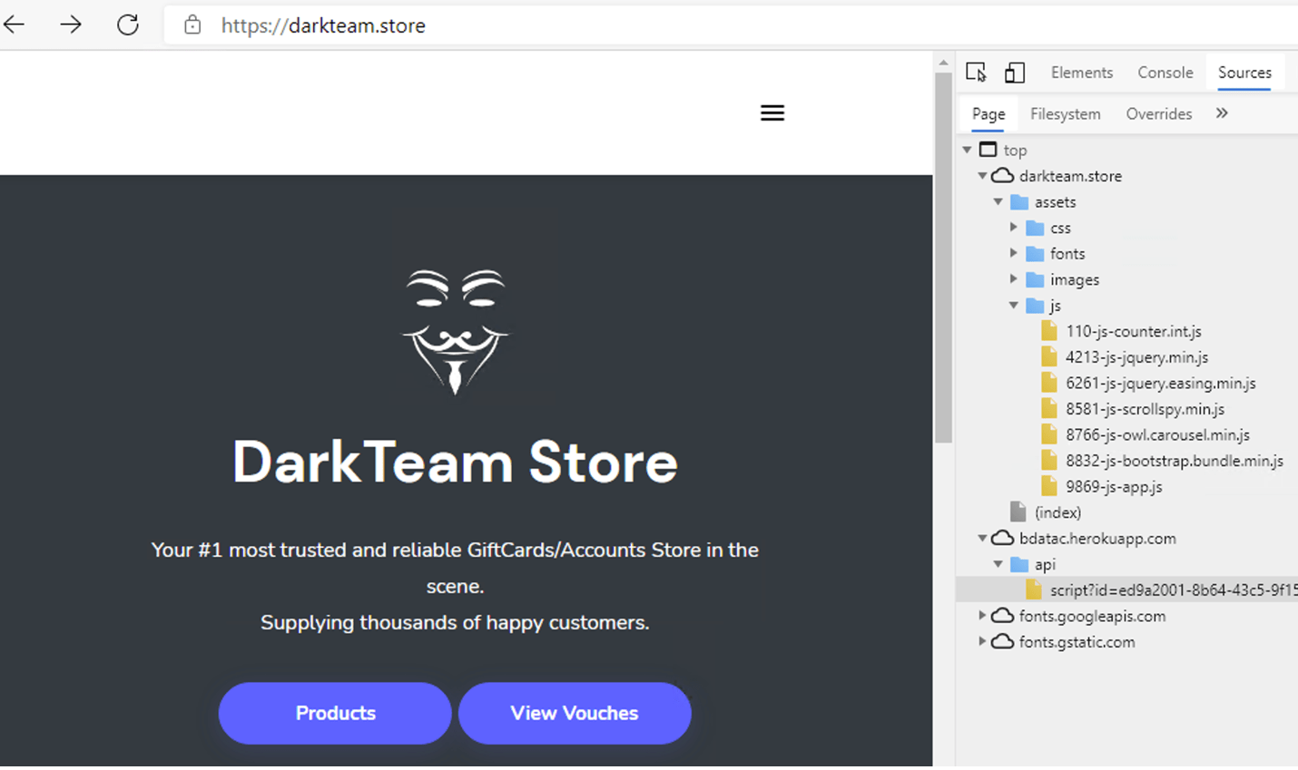 Figure 4: Browser enumeration and fingerprinting script on purported dark market site darkteam.store