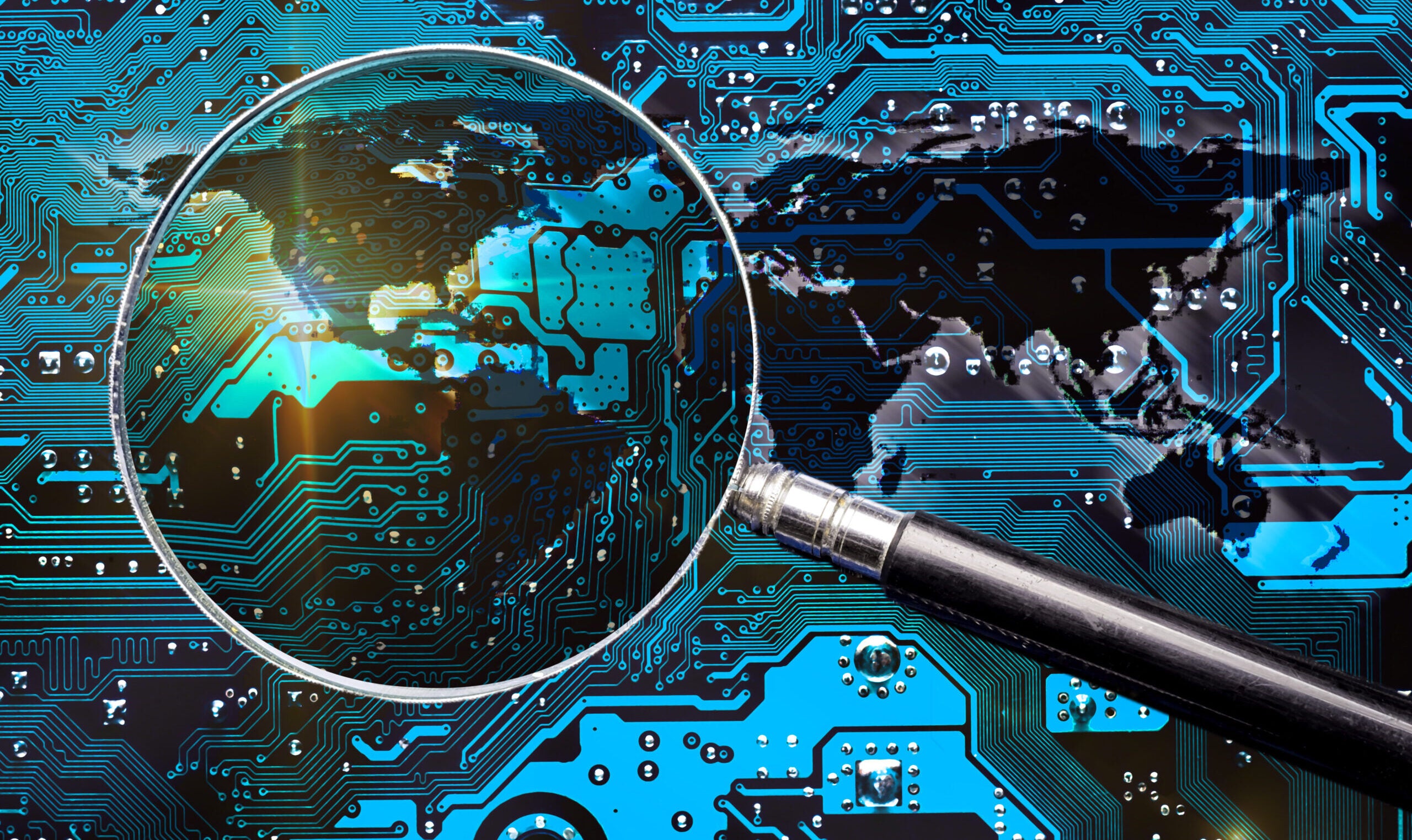 Blue circuit board, world map and magnifier glass. Investigation for global cybersecurity. Elements of this image furnished by NASA.