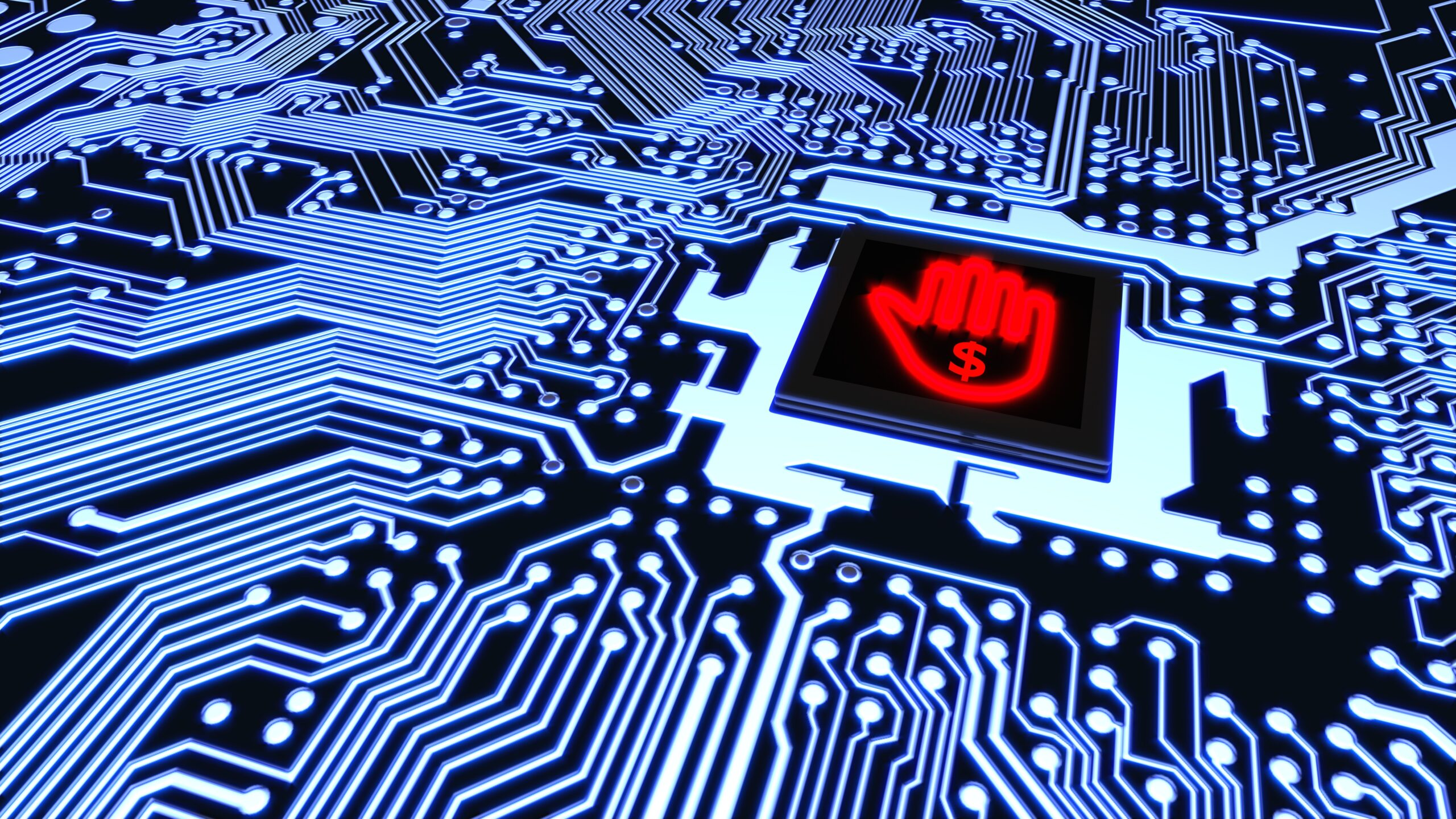 Blue circuit board closeup connected to a cpu with a glowing stop hand symbol cybersecurity concept 3D illustration