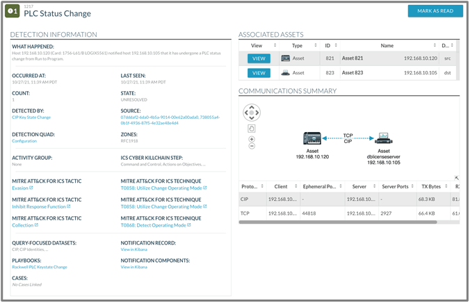 Figure 7: Dragos Platform PLC Status Change Notification 