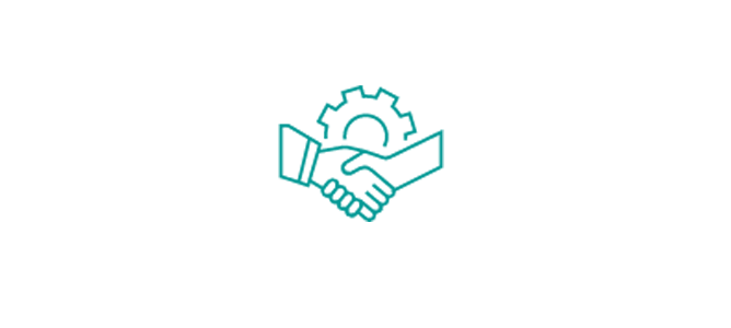 An icon of two hands shaking in front of a gear icon indicating insight and trust