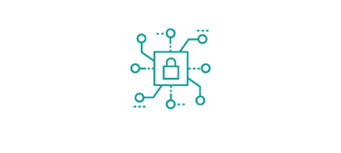 teal icon of a lock in the middle of a square with multiple arms extending out