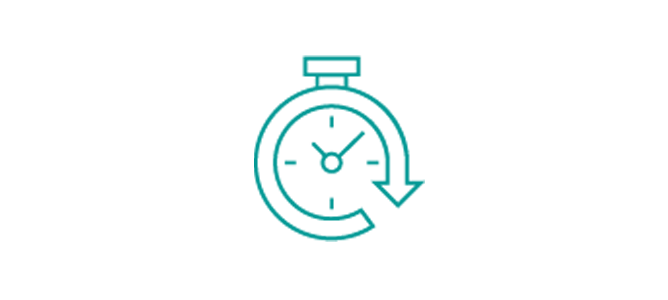 a teal icon of a clock with the outline as an arrow