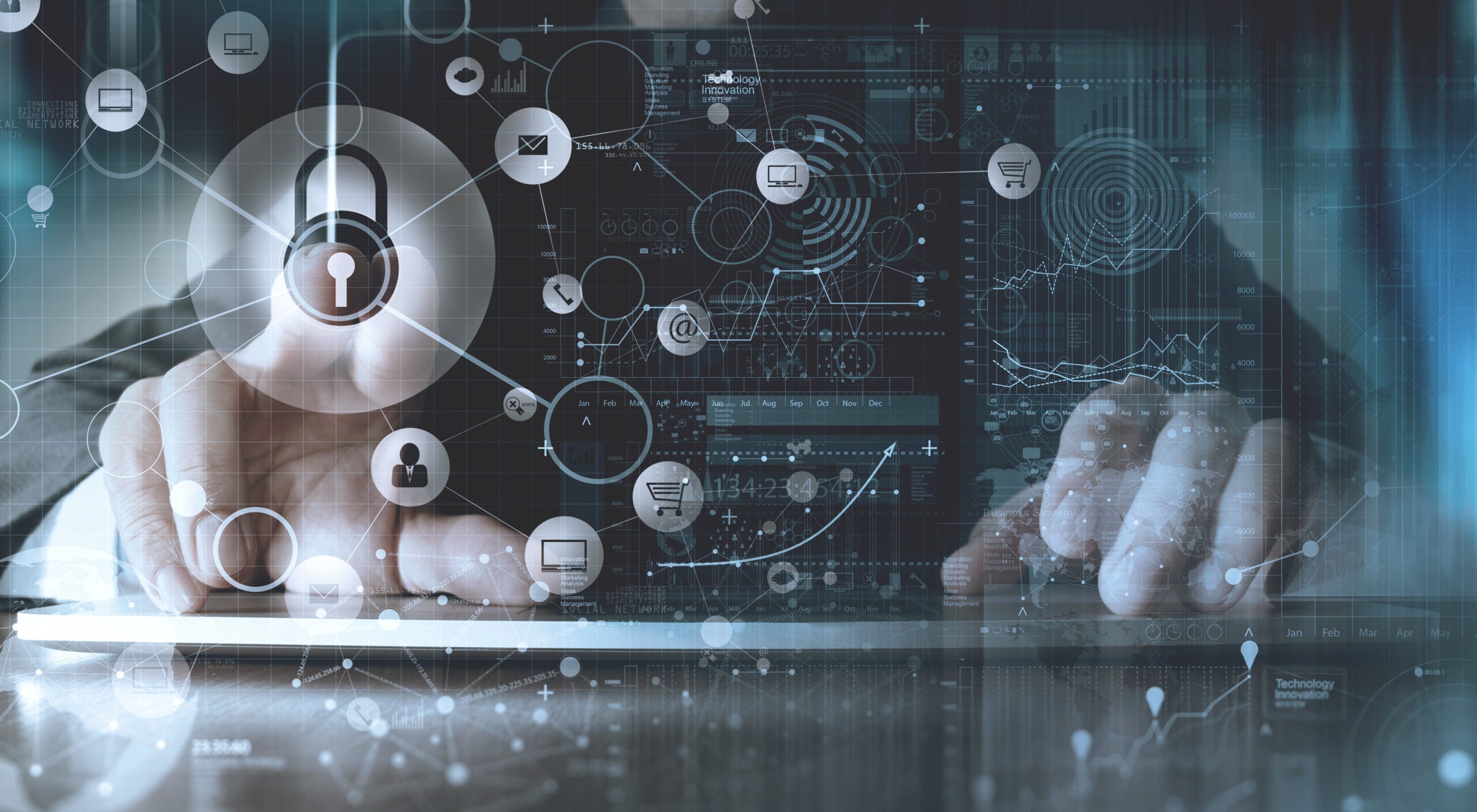cyber security internet and networking concept.Businessman hand working with VR screen padlock icon on computer background