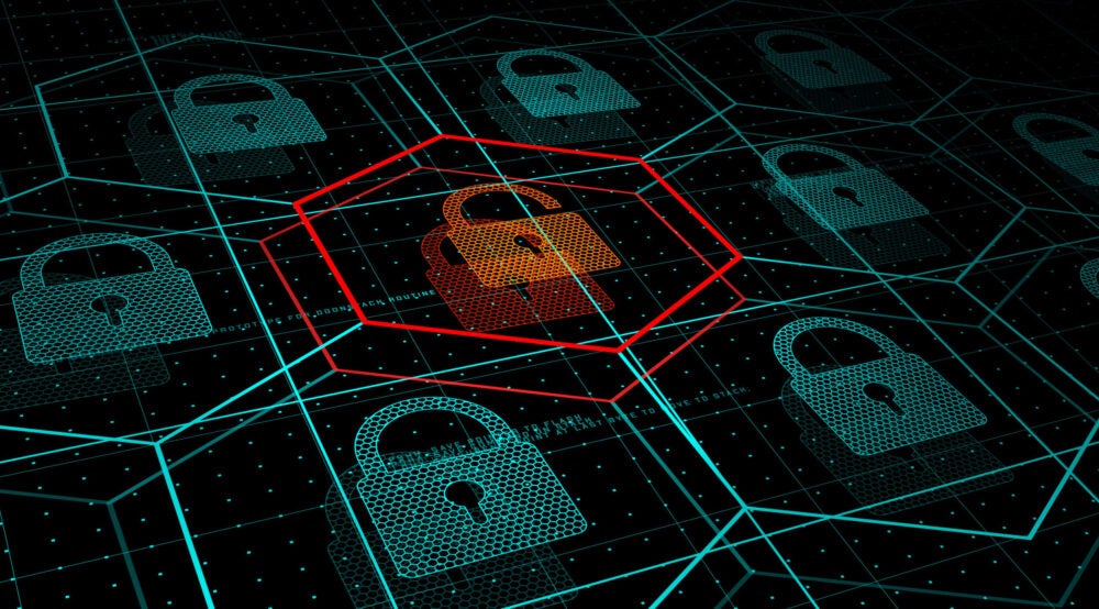 Cyber attack, system under threat, DDoS attack. Camera flies frough HUD blue hexagons and padlocks, but one of them hacked. Cyber security and hacking concept. Vector illustration.