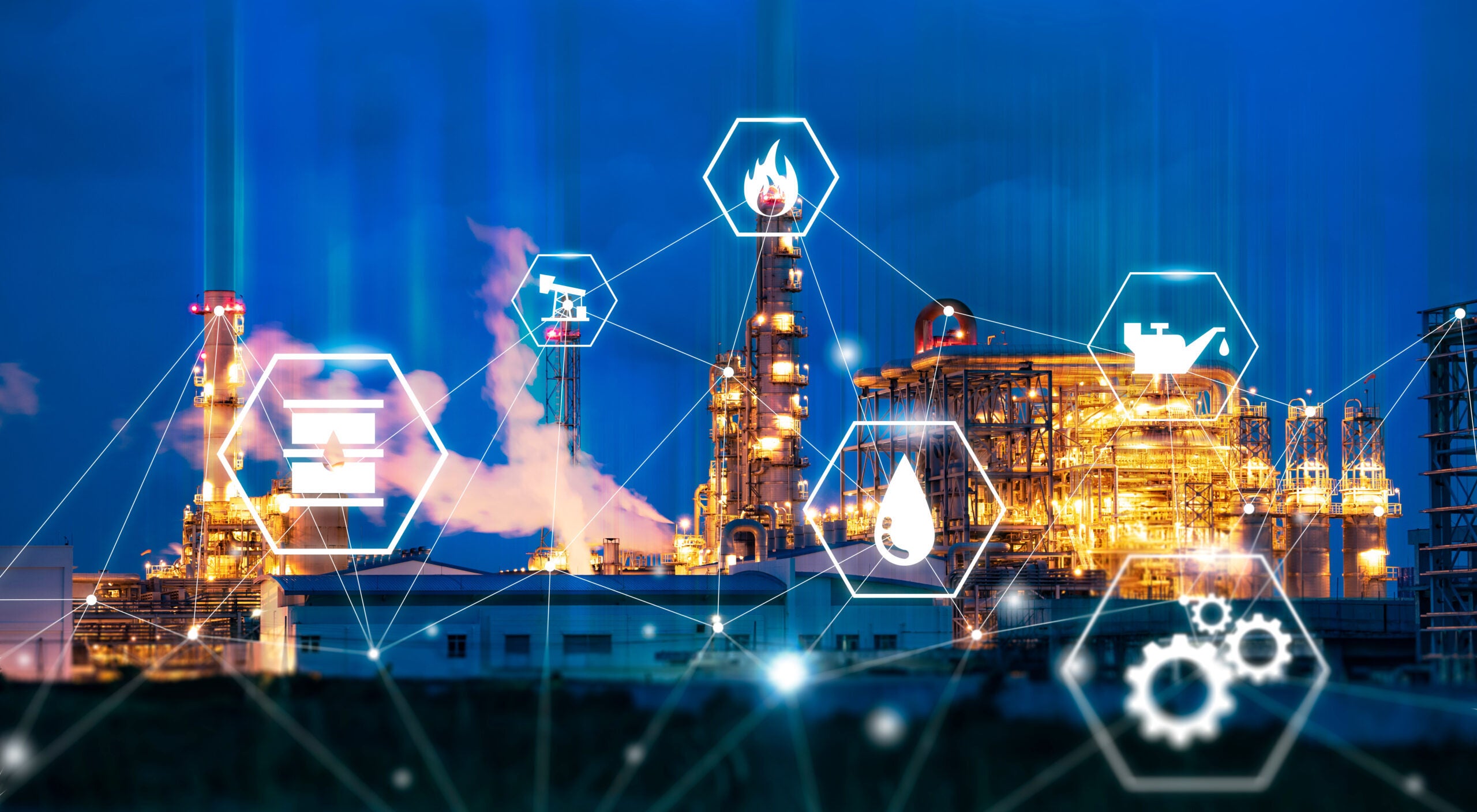 industrial oil refinery plantation engineering factory with smart technology industries lines icon, creating fuel and gas for energy sustainable economy and mechanical tech, supplying fuel resources