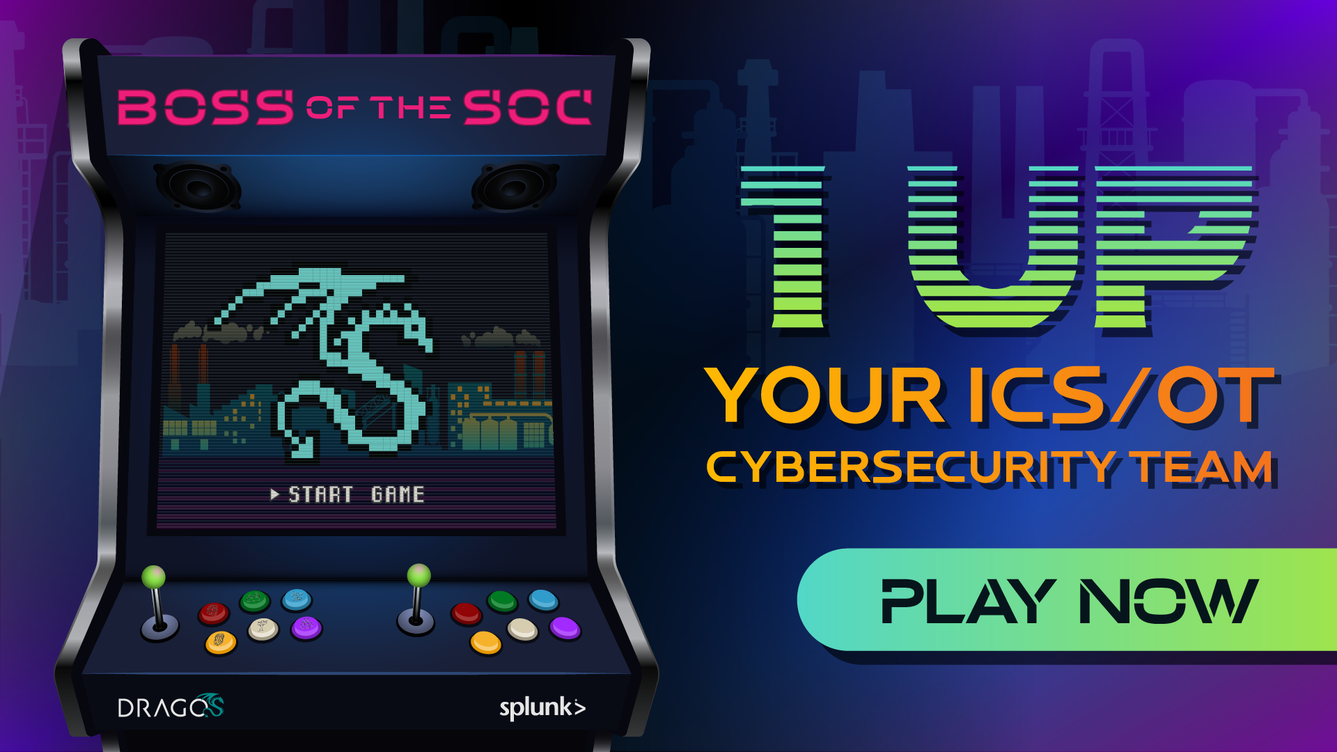 A graphic depicting Boss of SOCS game, a collaboration between SPLUNK and Dragos