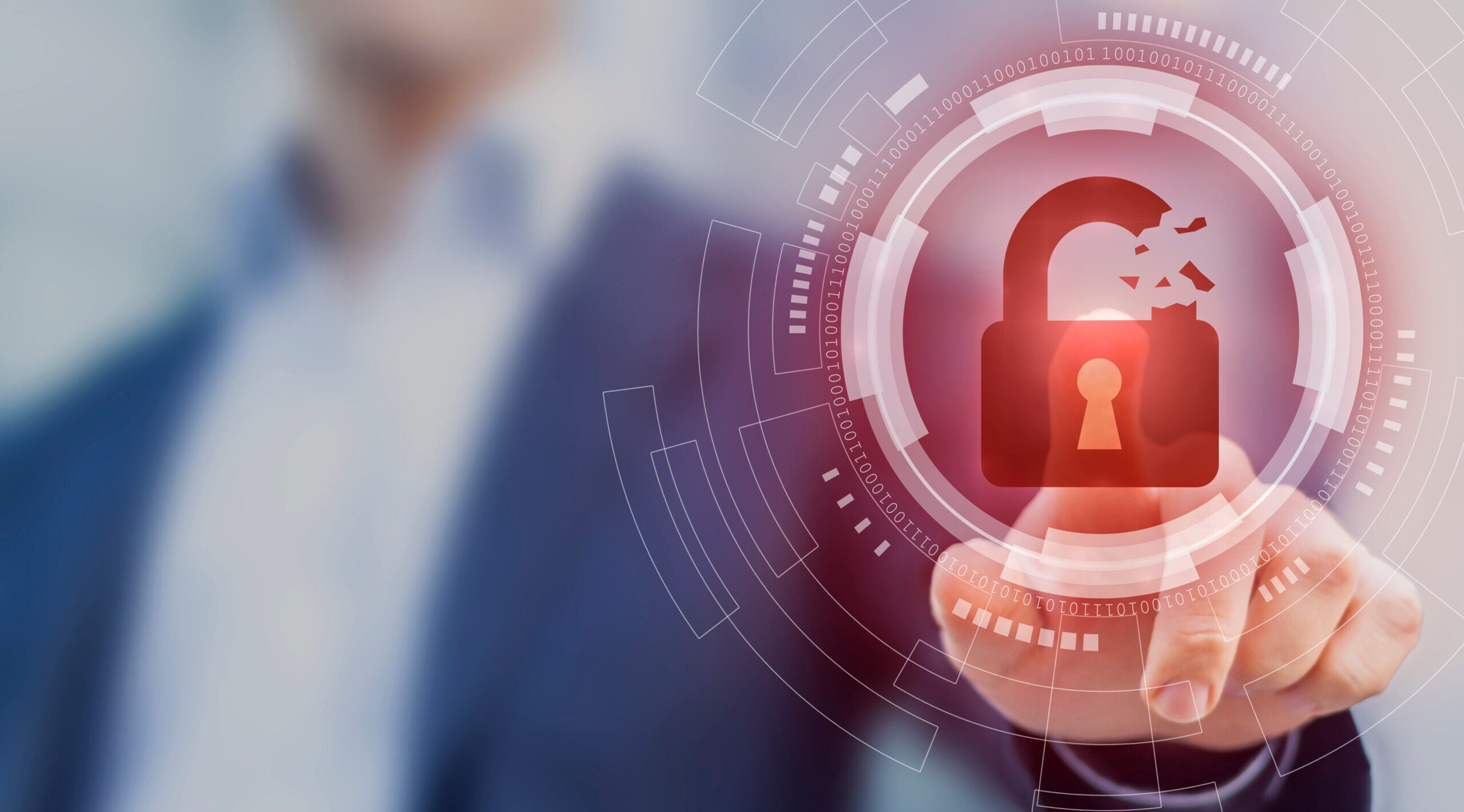 Security breach, system hacked, internet cyber attack alert with red broken padlock icon showing unsecured data, vulnerable access, compromised password, virus infection, businessman touching icon