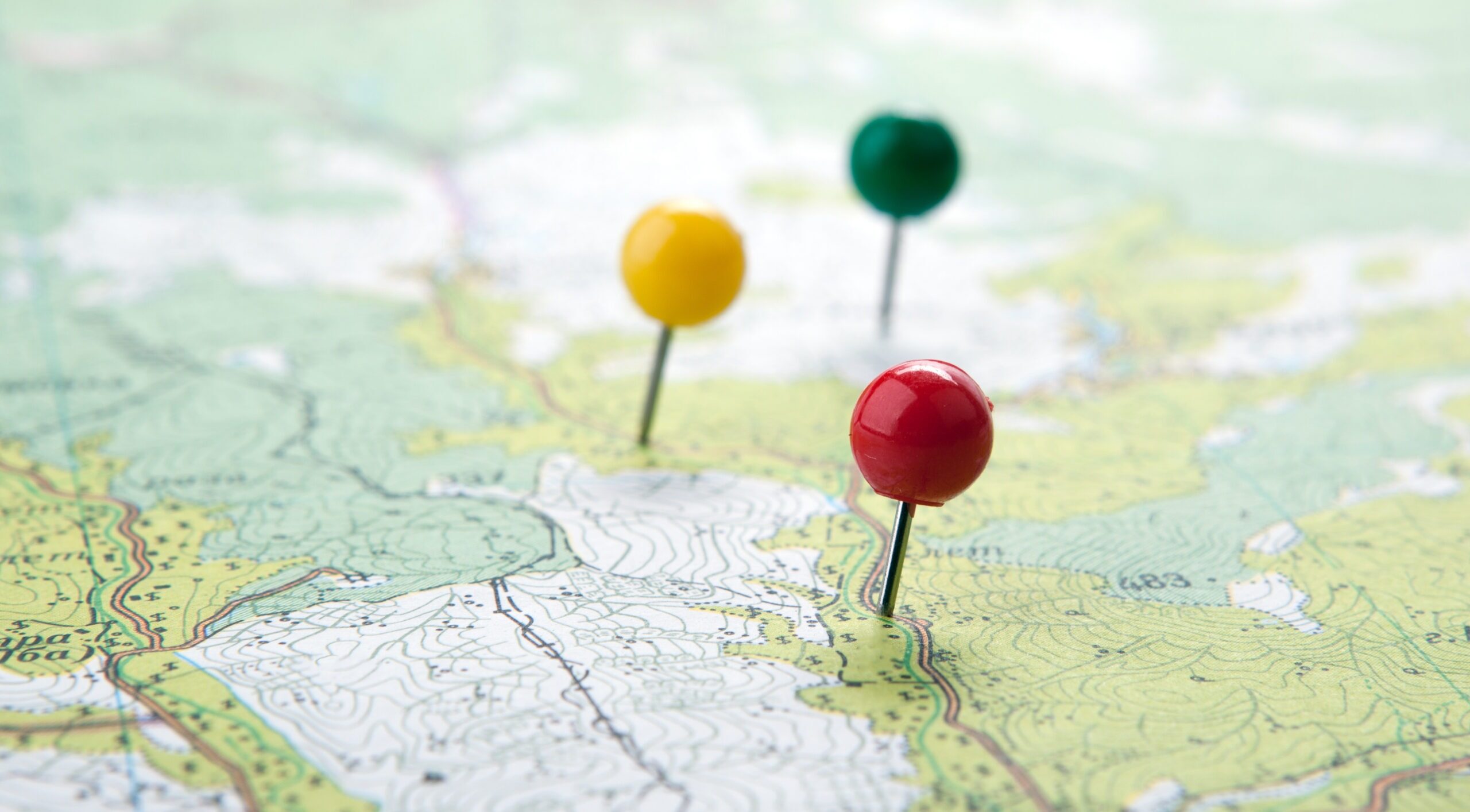 topographic map with colored needles pushpins