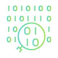 a green gradient icon of binary code with a magnifying glass