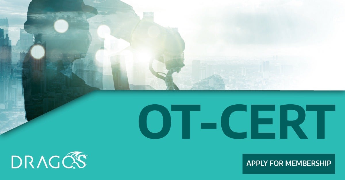 a graphic depicting an industrial silhouette above a light teal background that says Dragos OT-CERT Register Now