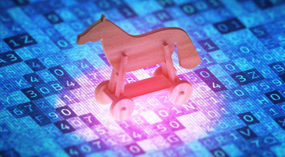 Cyber security concept. Toy horse on a digital screen, symbolizes the attack of the Trojan virus. 3D illustration.