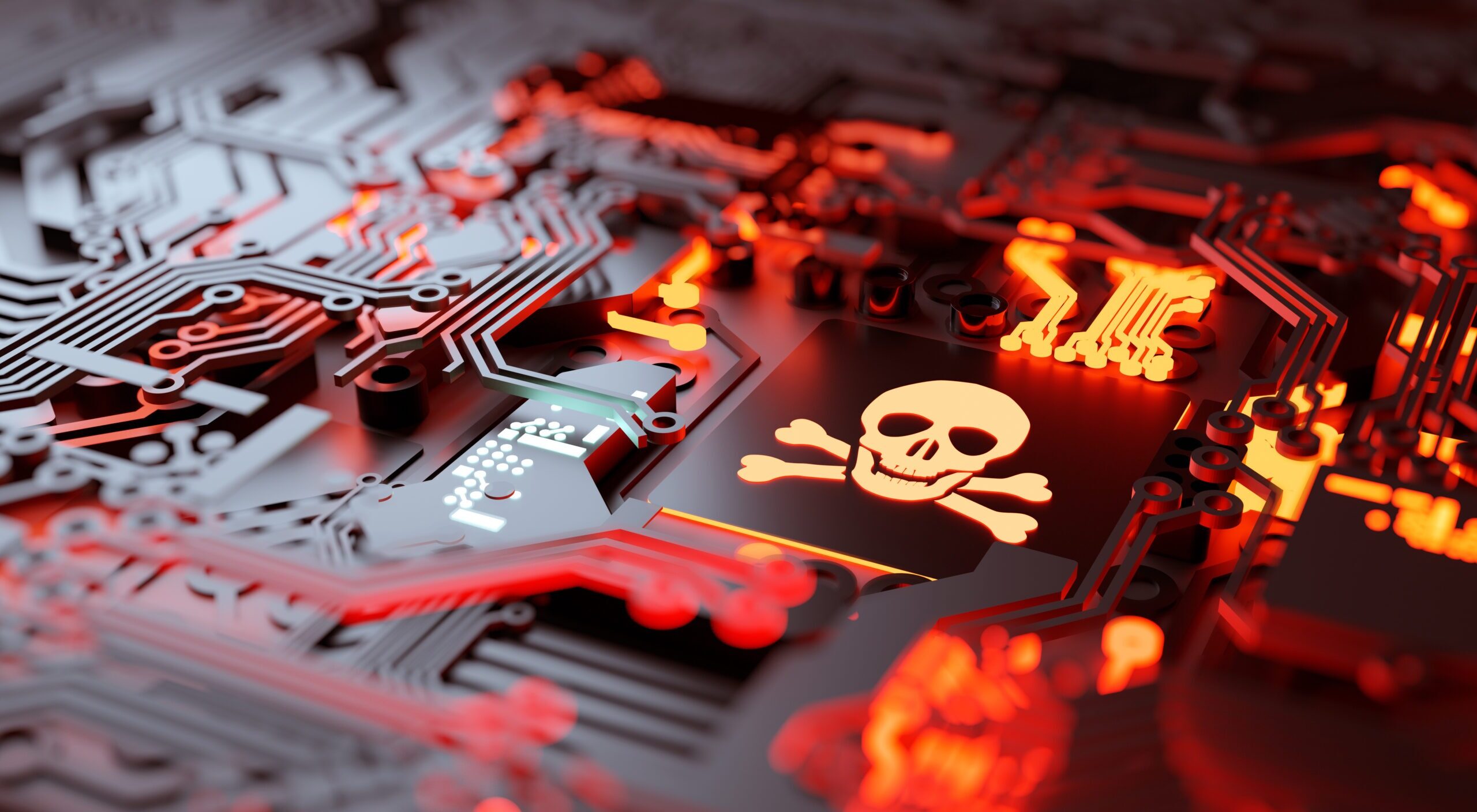Vulnerable computer hardware being hacked and network ransomware digital cybercrime background concept