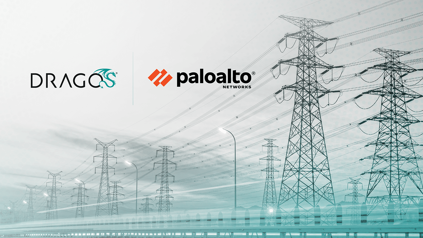 image of power lines with two logos on a light teal and grey overlay. Logos are for Dragos and Palo Alto Networks