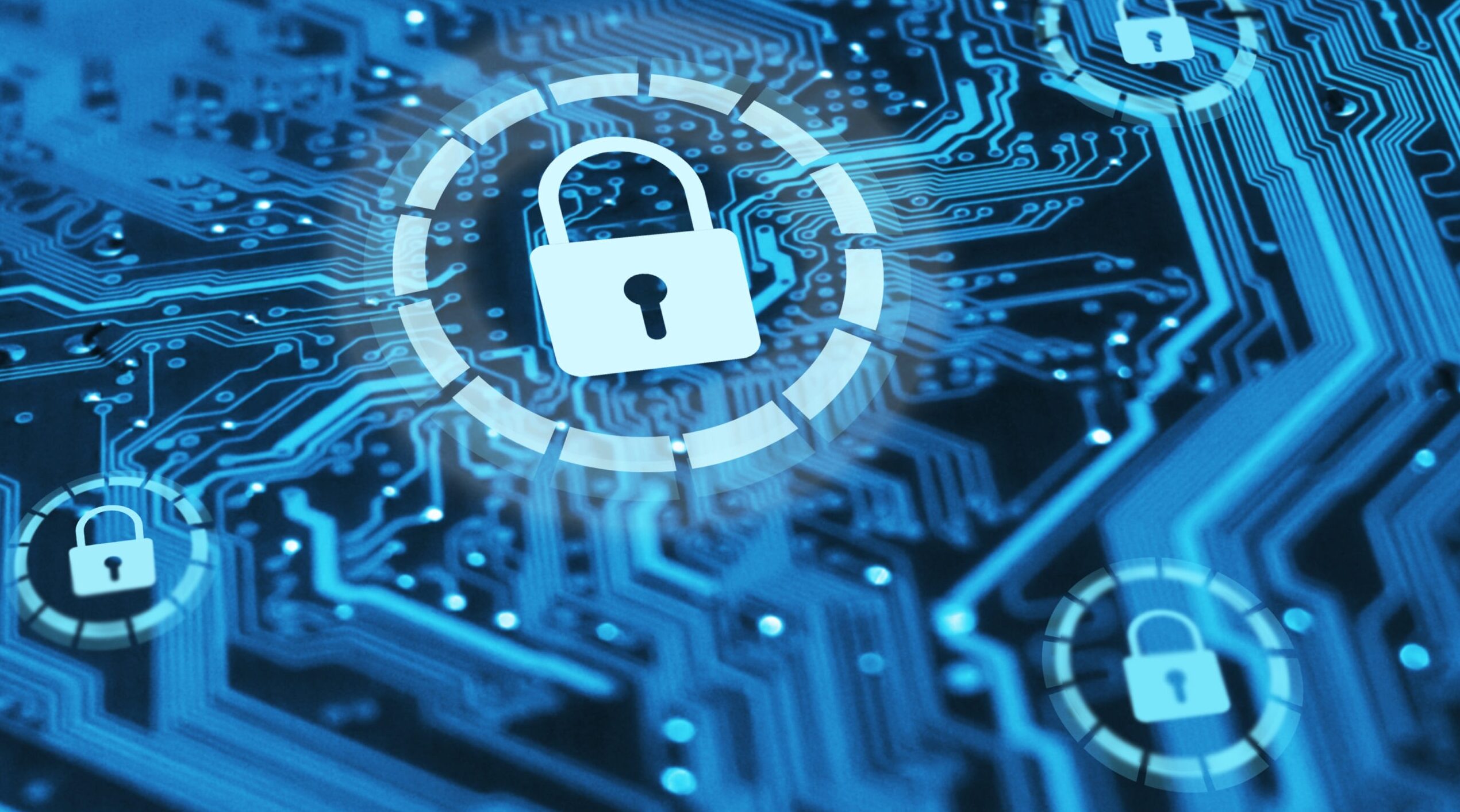 Cyber security and protection of private information and data concept. Locks on blue integrated circuit. Firewall from hacker attack.