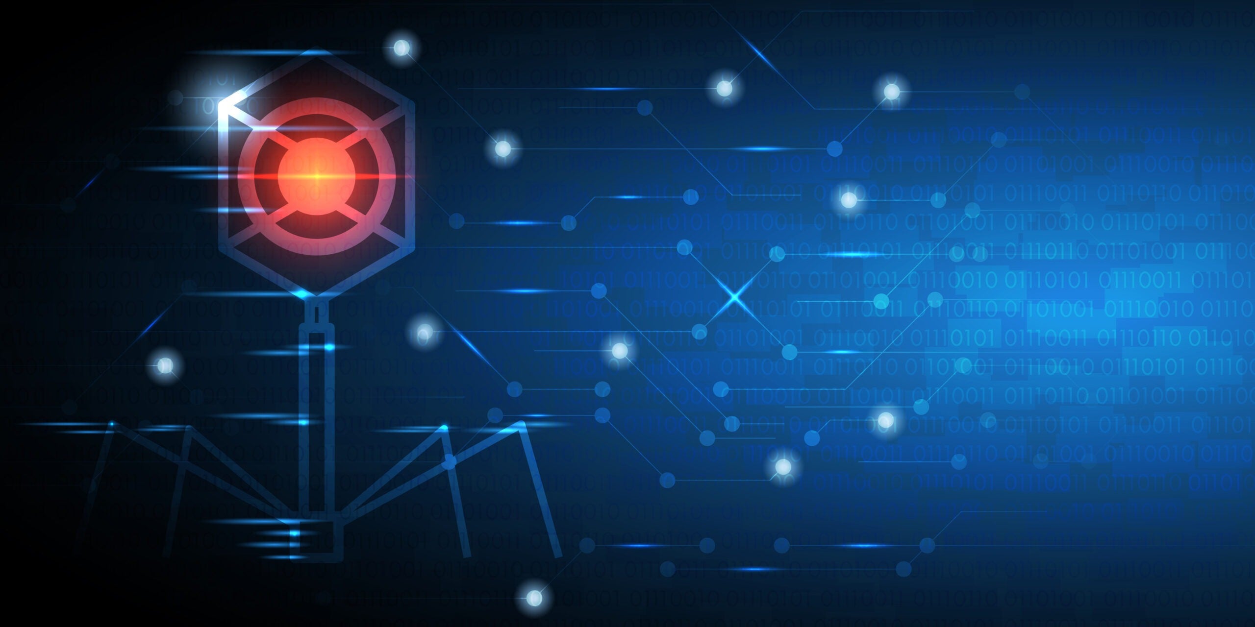 Abstract technology background with glowing virus, binary code a