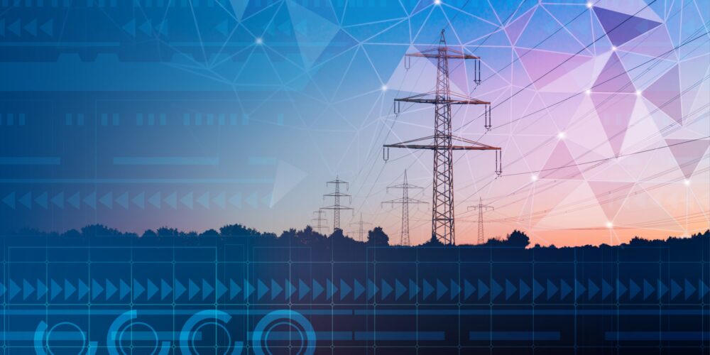 High voltage power lines with graphic elements on cyberspace background with copy space for text and design. Transmission and supply of electricity concept. Background on energy industry
