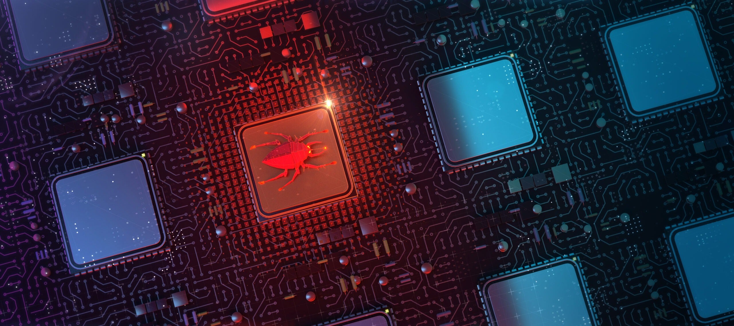 red glowing computer bug on infected chip