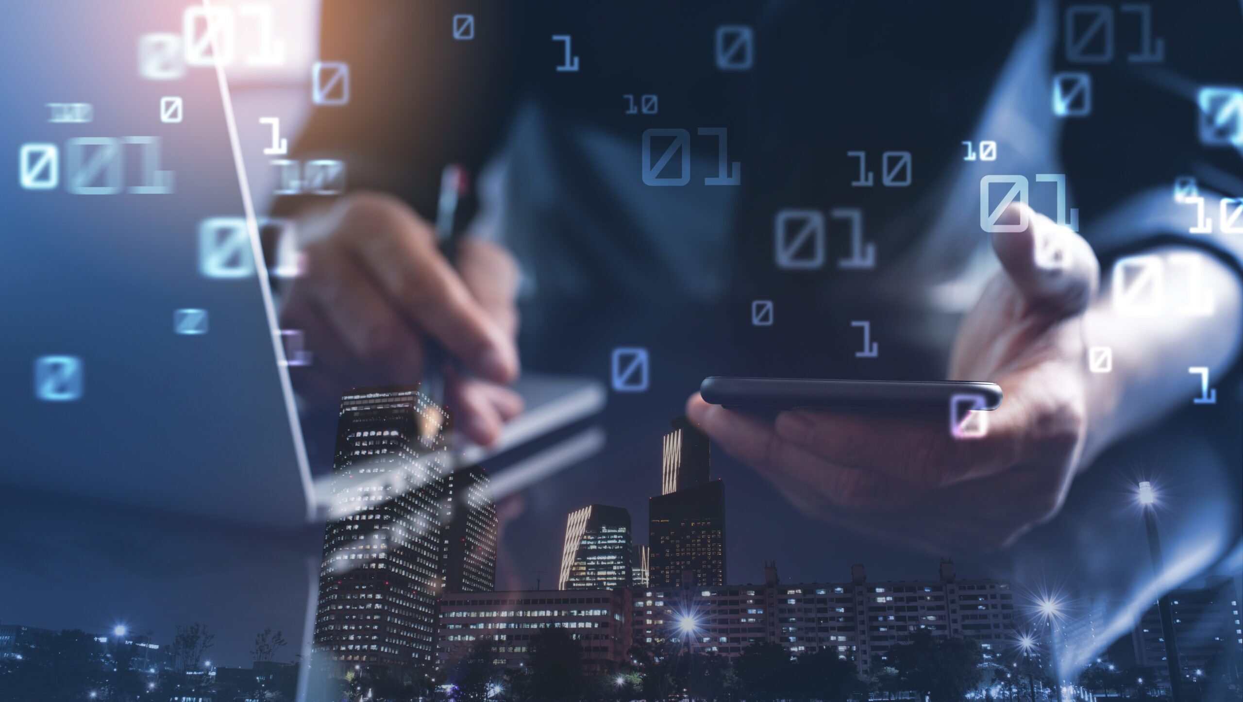 Mobile apps, digital software technology development concept. Double exposure, man programmer, software developer checking mobile apps on smart phone and city with binary, computer code on screen