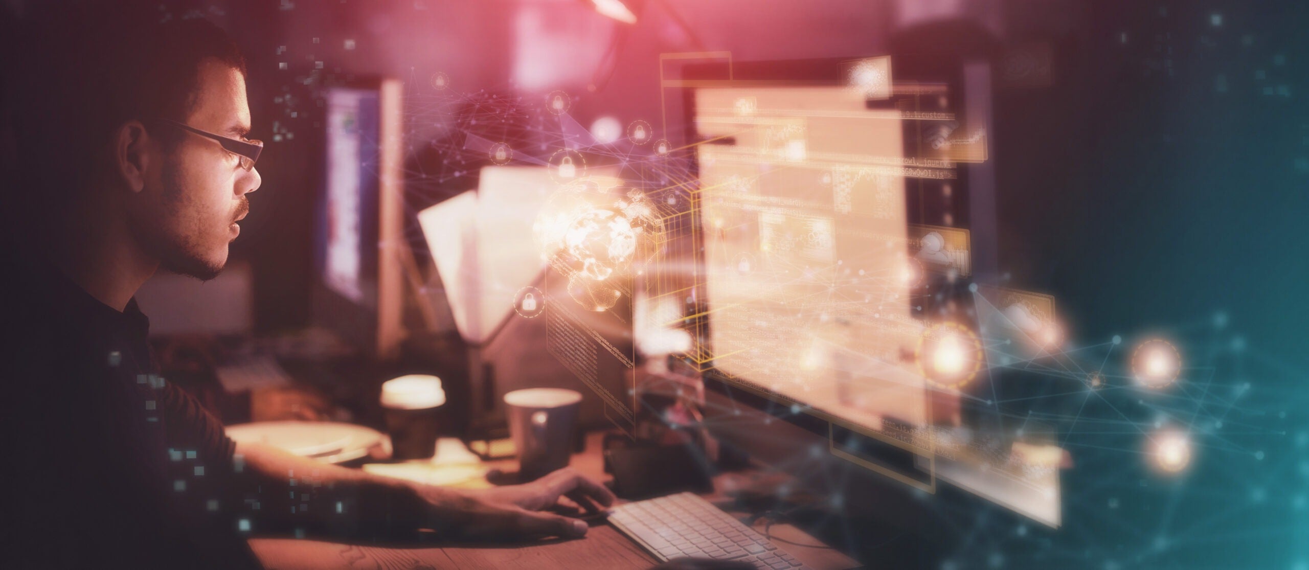 Digital, hologram and night with a designer man at work in a dark office for overtime on a cybersecurity project. Overlay, software or innovation with a male programmer or developer working on design.