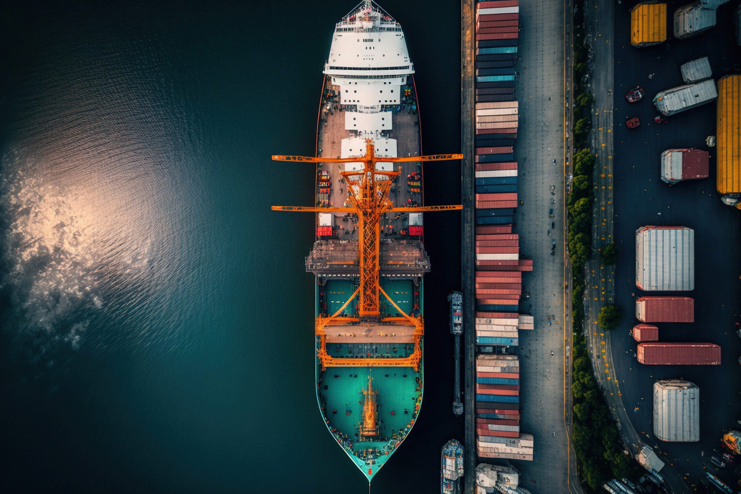 Maritime industrial cybersecurity. Aerial view of cargo maritime ship in port.