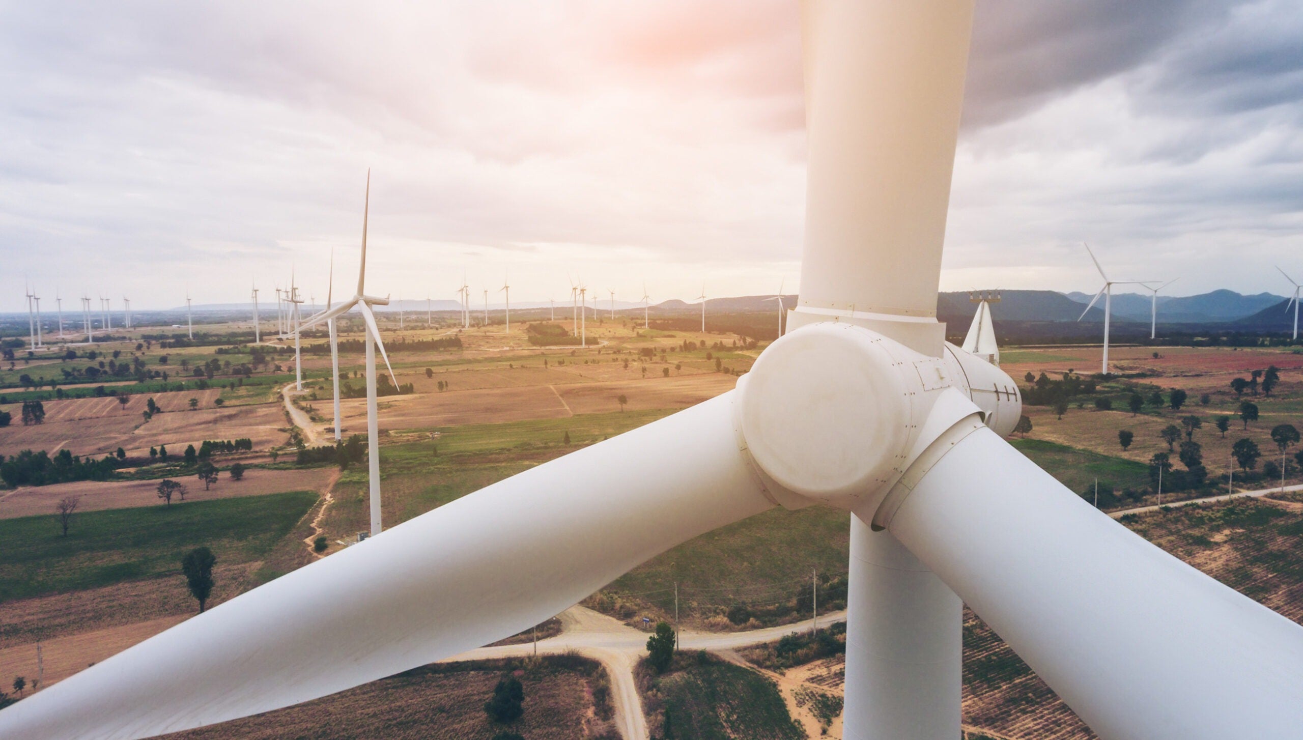 Wind turbine from aerial view. Sustainable development, environment friendly concept. Wind turbine give renewable energy, sustainable energy, alternative energy. Wind sustainability energy.