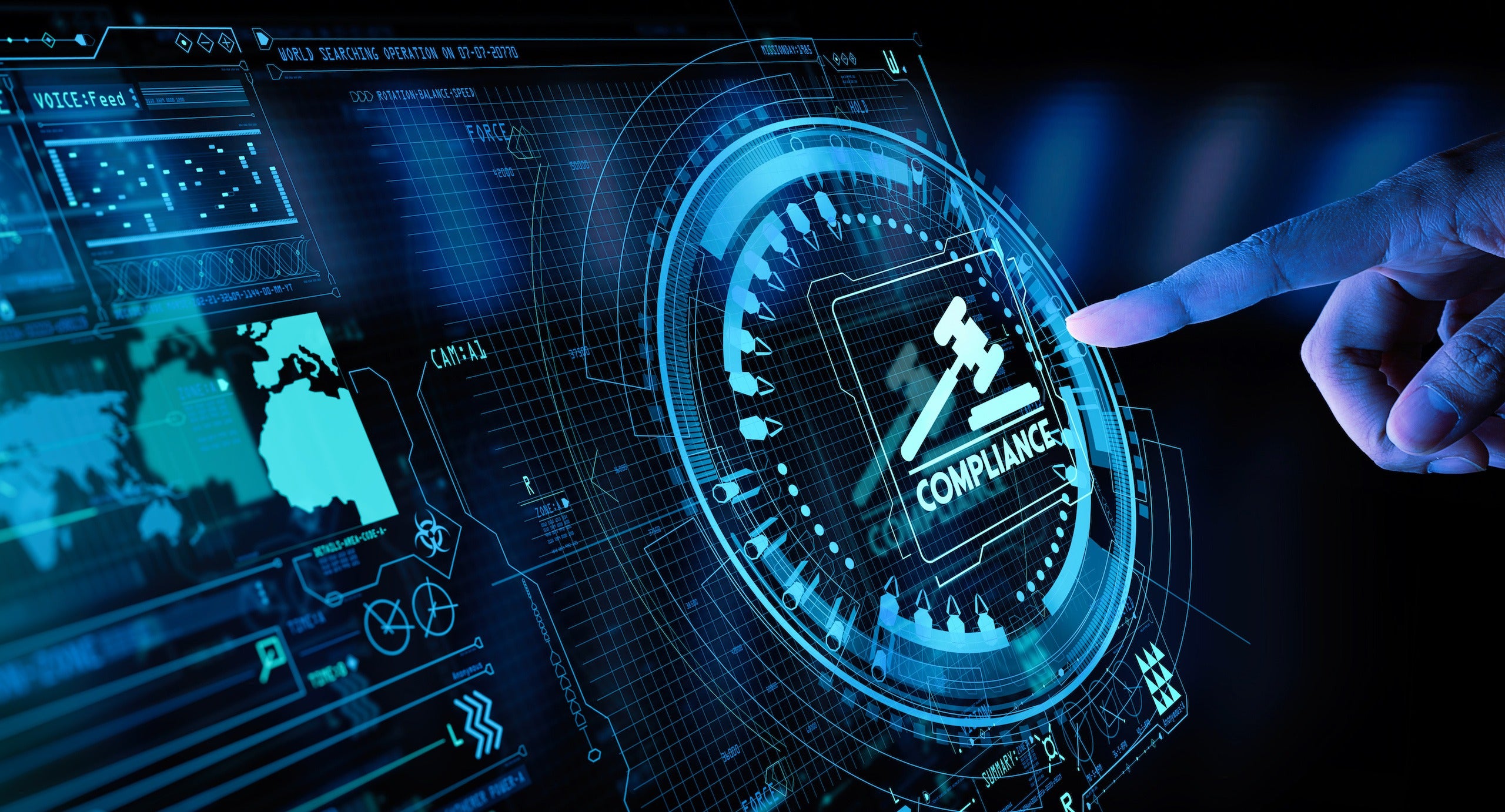 Hand touching Compliance Rules Law Regulation Policy Business Technology Interface