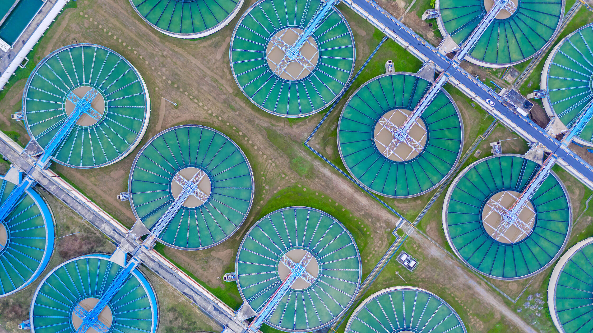 Aerial top view circle water circular treatment plant, Aerial top view recirculation solid contact clarifier clean sedimentation tank for city.