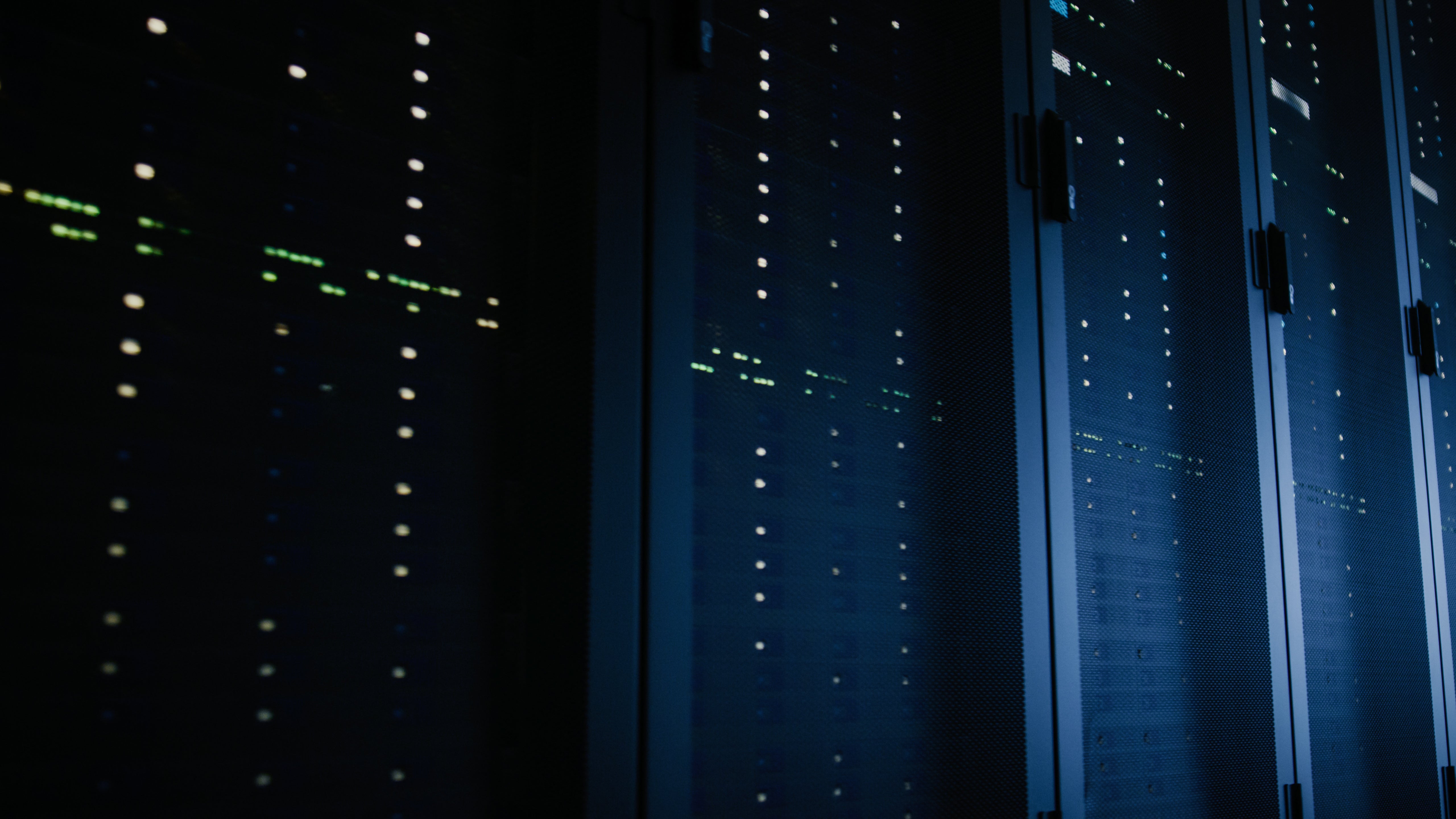 Close-Up Shot of Fully Operational Server Racks in Data Center. Modern Telecommunications, Cloud Computing, Artificial Intelligence, Database, Super Computer Technology Concept.