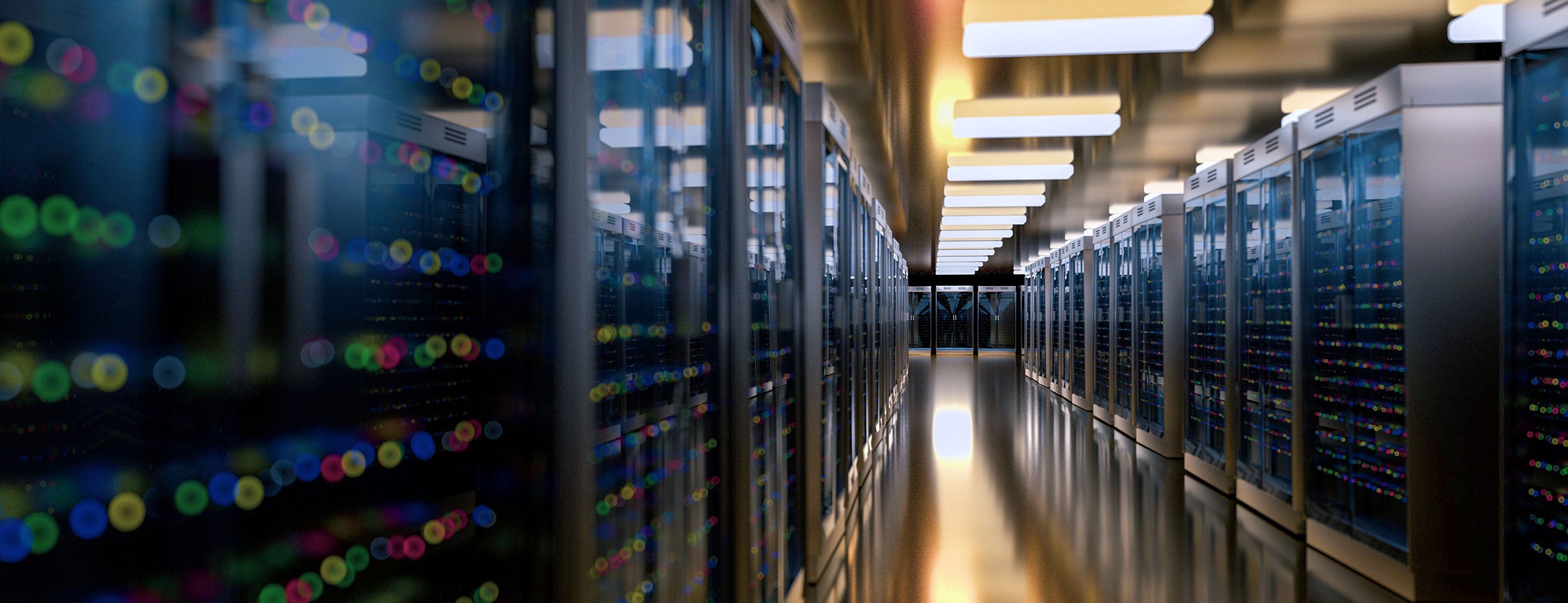 Server room data center. Backup, mining, hosting, mainframe, farm and computer rack with storage information. 3d render